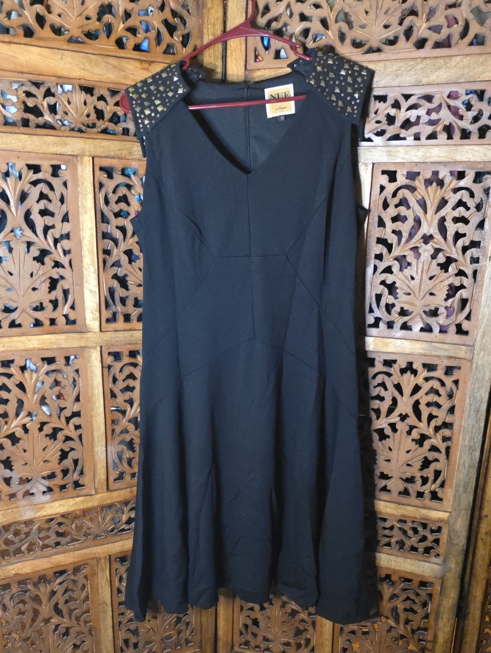 Nue by Shani Black Midi A-Line Dress with Studded Shoulders